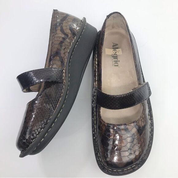 Alegria FELIZ 713 Brown Patent Leather Snakeskin Print Mary Jane Support Shoes - Picture 3 of 16